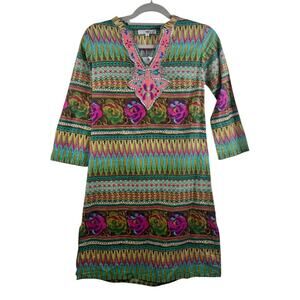America & Beyond New Green Maxican Tunic Small Embroidered Bohemian Artsy